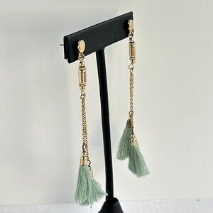 Tassel Earrings Chain Extra Long Dangle 4" Gold and Sea Foam Green